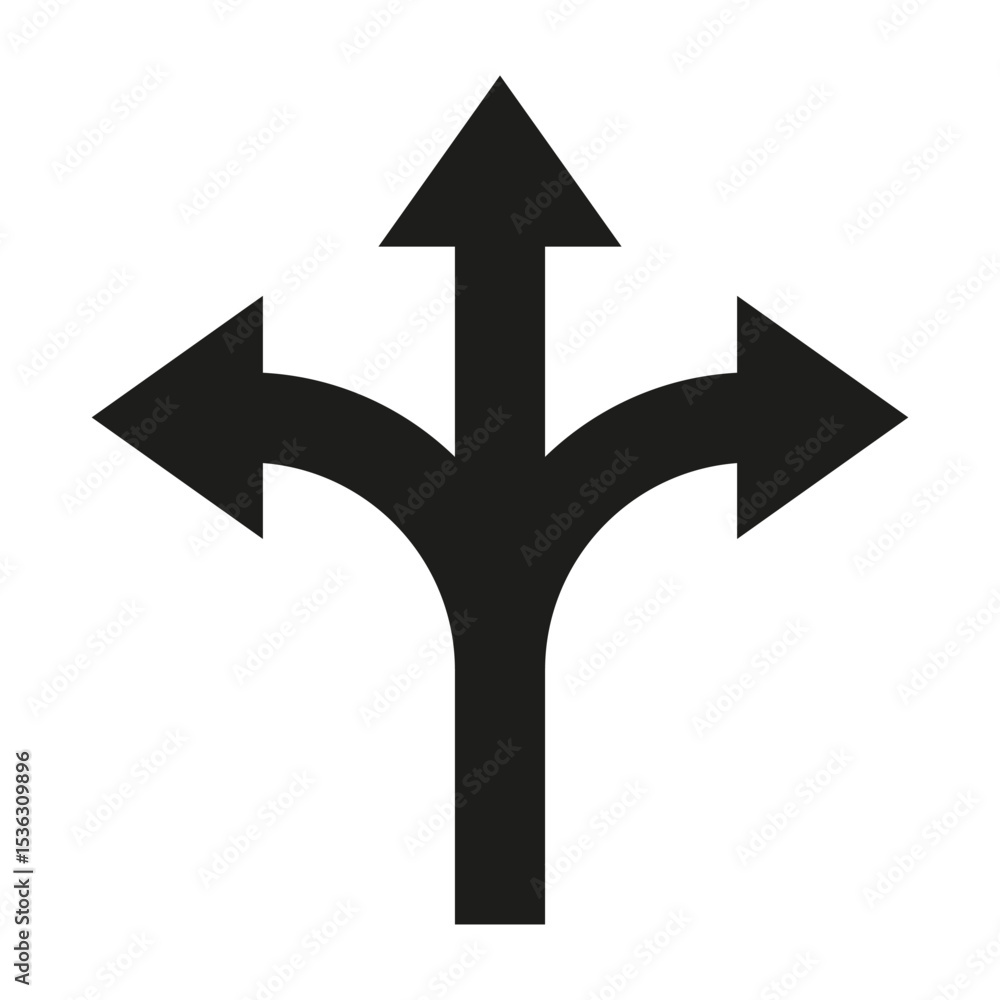 Poster triple arrow icon. left right up. navigation road vector. path direction symbol.