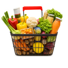 Black Shopping Basket Filled with Fresh Vegetables Fruits and Canned Goods grocery basket