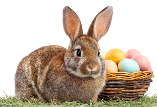 Easter bunny with colorful eggs in a basket on grass, isolated against a transparent background - Powered by Adobe