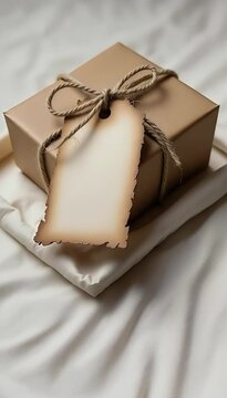 A blank kraft paper tag tied with a string on a gift box or fabric, symbolizing personal messages, minimalist packaging, or label design.
