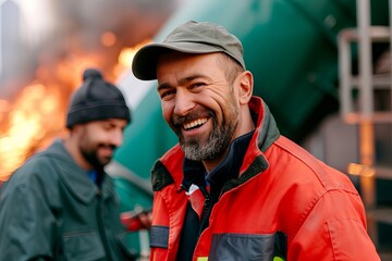 A man in a red jacket is smiling