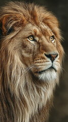 Fototapeta premium Majestic male lion in profile against a warm tan textured background. Symbolizes strength, courage, nobility, and the wild beauty of nature.