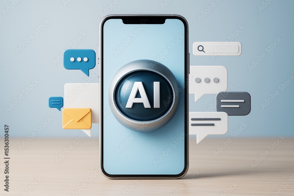 Poster Smartphone displaying AI button surrounded by communication icons on light background symbolizing artificial intelligence in mobile technology apps.