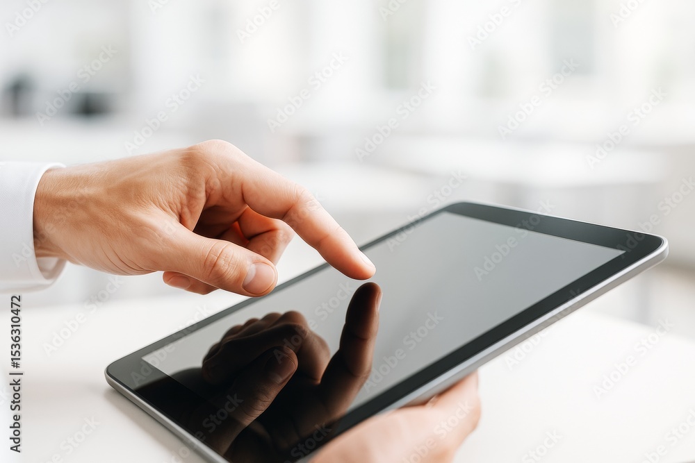 Poster close-up of hand interacting with touchscreen tablet device in bright office environment, modern tec