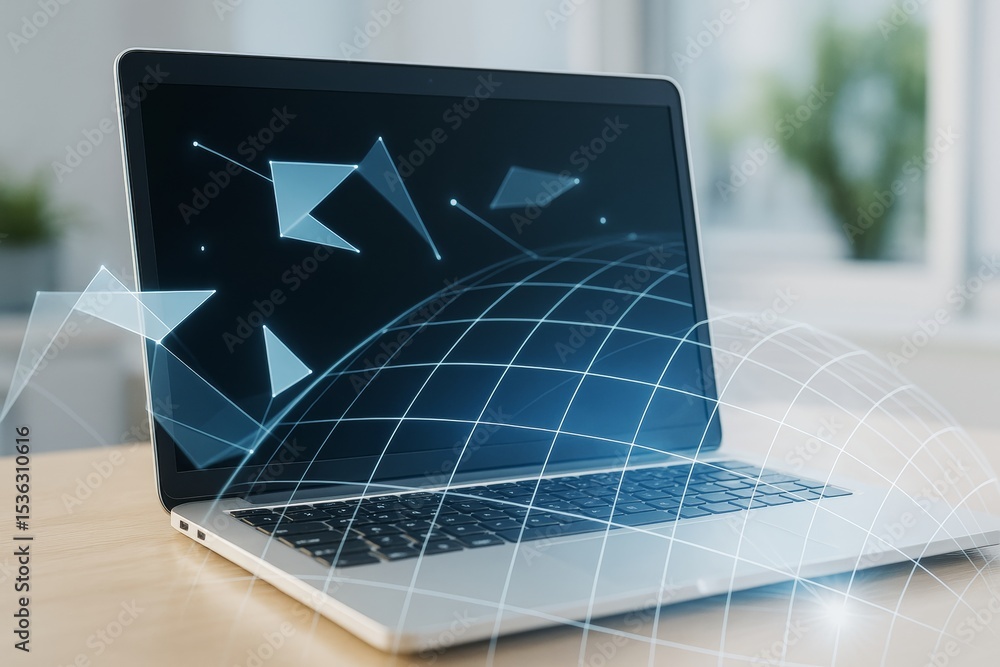 Poster futuristic laptop with digital holographic globe and polygonal network shapes on screen on light bac