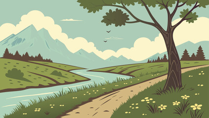 This paper-cut and craft-style vector illustration of the rainy season features a lovely pond surrounded by plants, grass, butterflies, and rainfall.