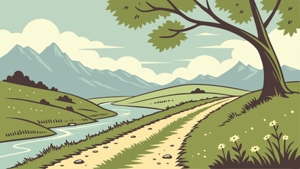 This paper-cut and craft-style vector illustration of the rainy season features a lovely pond surrounded by plants, grass, butterflies, and rainfall.