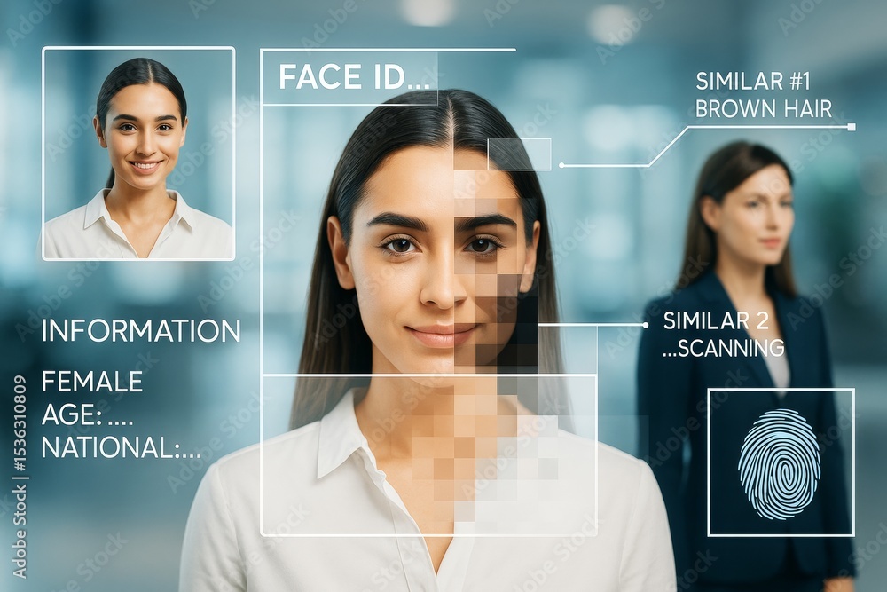Poster Face recognition biometric identification technology with pixelated scan overlay and digital interface UI concept on blurred tech background.