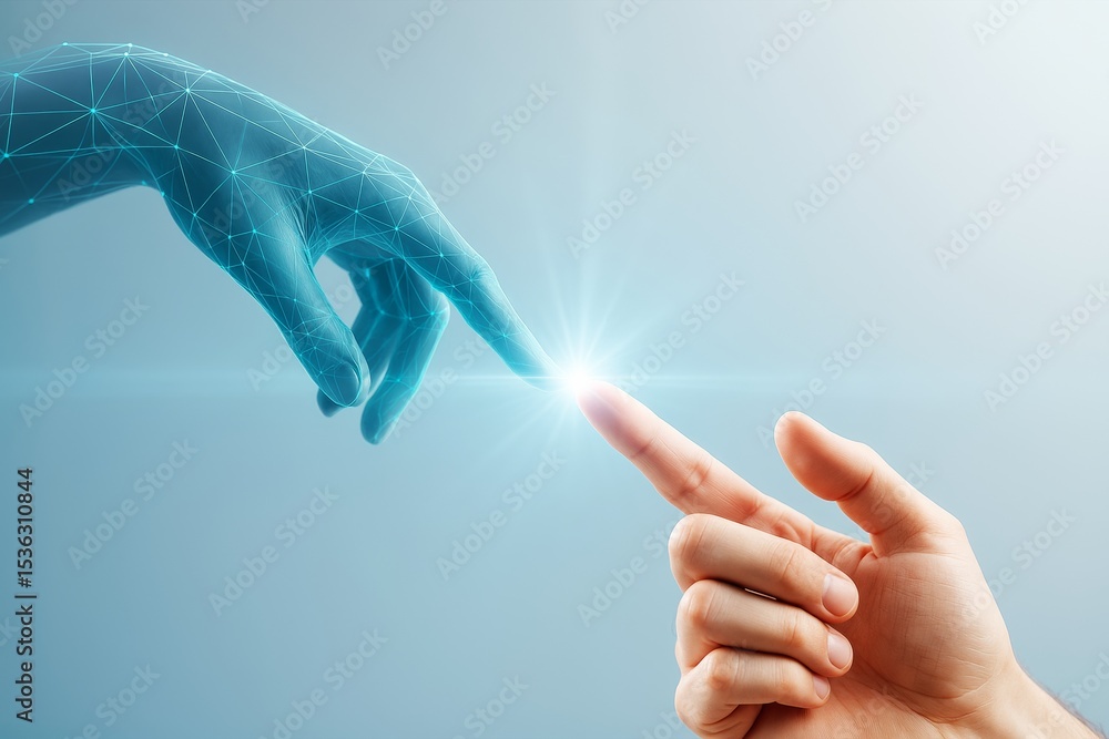 Poster human finger touching digital hand with glowing light on blue background symbolizing connection betw