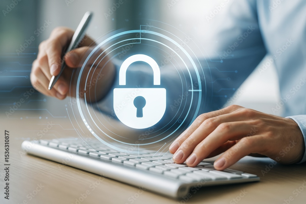 Poster Cybersecurity concept with digital lock icon over keyboard and hand using pen, symbolizing secure online access and data protection.