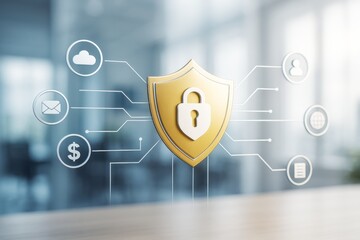 Cybersecurity shield with lock icon surrounded by data protection symbols on digital circuit lines over blurred office background in tech concept image.