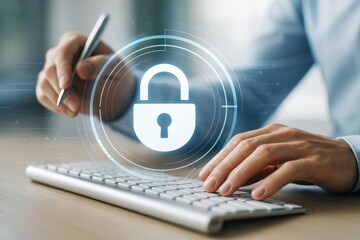 Cybersecurity concept with digital lock icon over keyboard and hand using pen, symbolizing secure online access and data protection.