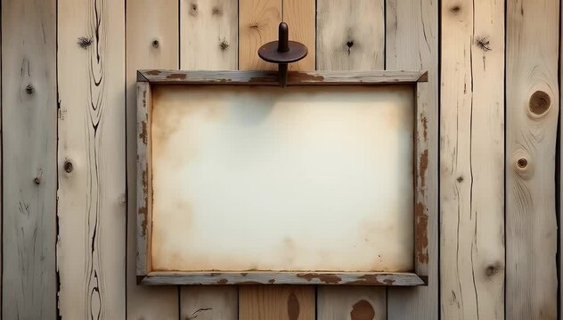 A rustic wooden wall with an old nail or hook in the center, creating a blank frame-like area for artwork mockups or motivational posters.

