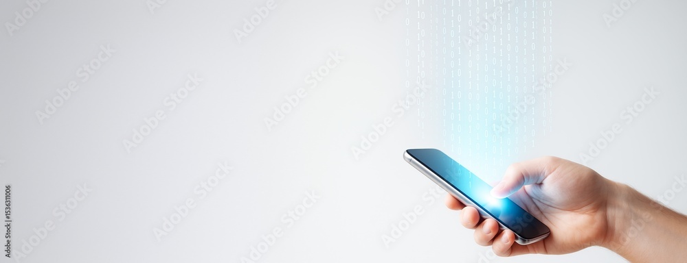 Poster Hand holding smartphone with glowing screen emitting binary code on clean white background for technology promotion or business concept mockup template.