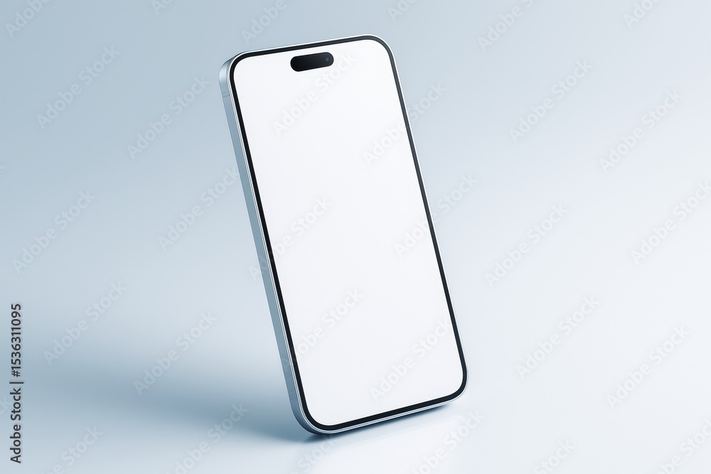 Poster Modern smartphone with blank screen standing upright on light background for tech design template or digital promotion concept.
