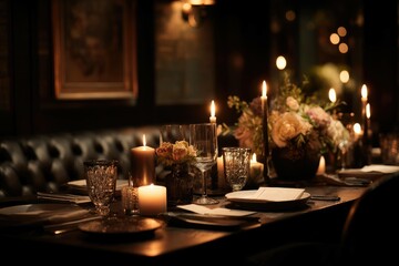 Intimate dining setting with candles and moody lighting