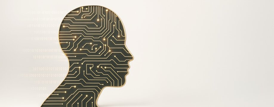 Human head silhouette with glowing circuit board pattern and binary code on light background representing artificial intelligence concept.