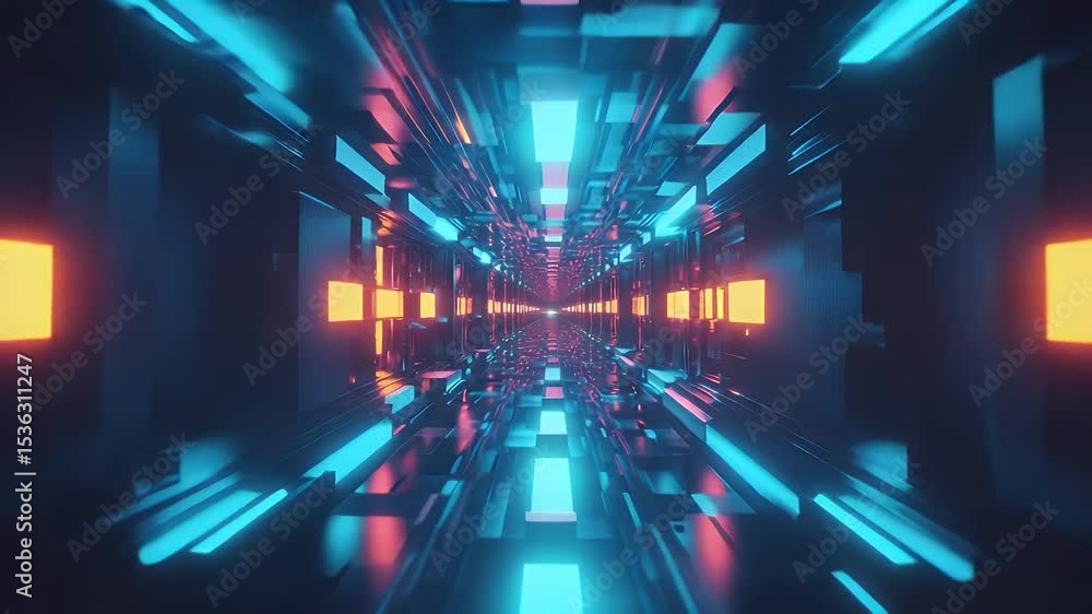 Poster futuristic tunnel. neon lighting and dark metallic structures create a sense of depth and immersion