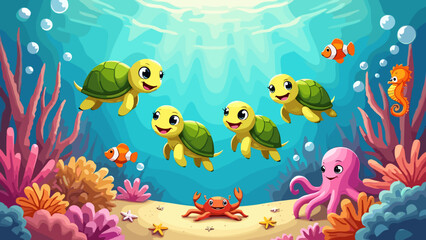 Naklejka premium Ocean Life Under the Sea - Colorful Marine Wildlife Illustration