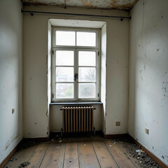 A tall window serves as the focal point in this derelict, empty room, highlighting the peeling paint, dirty wooden floor, and a rusty radiator in a state of decay.

