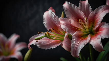 Beautiful pink lily flower shot in studio lighting with water droplets and dark background, perfect for wallpaper, prints, or botanical visuals.