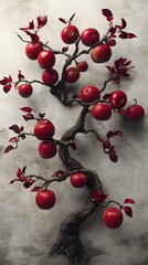 Red apples arranged on a stylized bonsai tree.