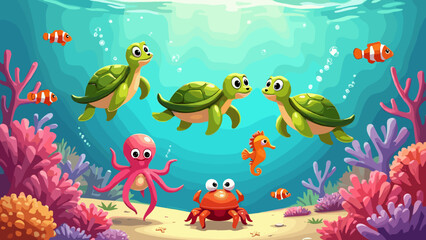 Fototapeta premium Ocean Life Under the Sea - Colorful Marine Wildlife Illustration