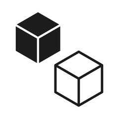 Cube vector icon. Black white contrast. Isometric box symbol. Geometric shape form.