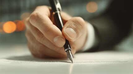 Hand holding a fountain pen, poised over formal document for signature, symbolizing business agreement or contract completion.