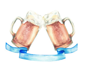 Two beer mugs toast clinking with foam and blue ribbon below. Realistic watercolor hand drawn cheers beer glasses isolated illustration. Clipart for Oktoberfest festival, brewing, festive packaging