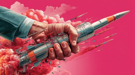 A close up image of a hand tightly gripping the body of a dangerous looking missile or rocket surrounded by a dramatic fiery red backdrop with billowing clouds of smoke and energy