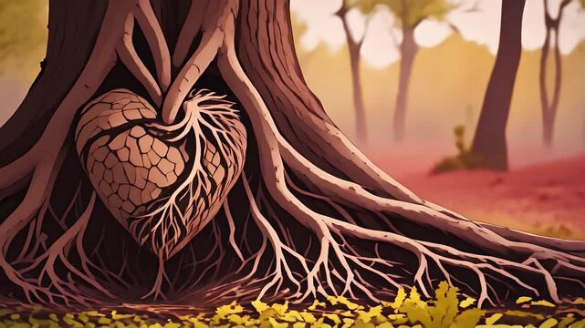 Heart roots intertwine with tree in a unique cartoon style setting