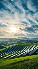 Solar panels on rolling hills under a beautiful sky.