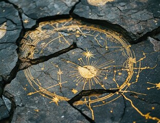 Cracked earth, celestial chart. Golden star map on fractured stone