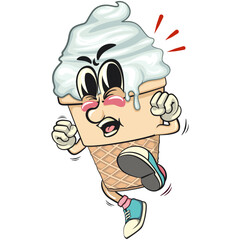 cute ice cream cone mascot cartoon vector character with waffle cone and vanilla topping jumping and kicking, work of hand drawn