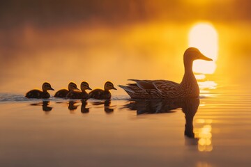 Duck and ducklings swimming in sunset light, Family of ducks on lake during golden hour, Warm wildlife scene ideal for nature themes