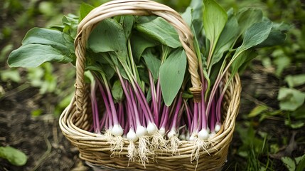 Freshly harvested purple-stemmed onions in a wicker basket.