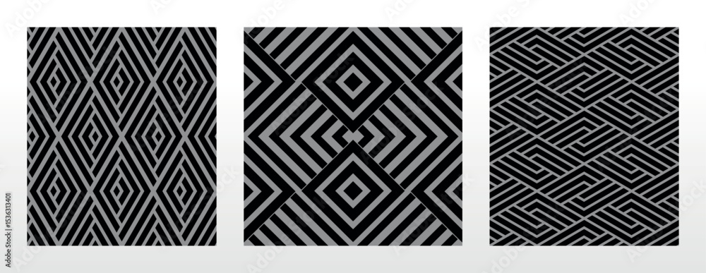 Poster Geometric set of seamless black and gray patterns. Simple vector graphics