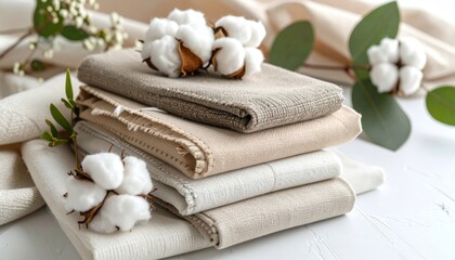 Stacked neutral fabrics with cotton bolls