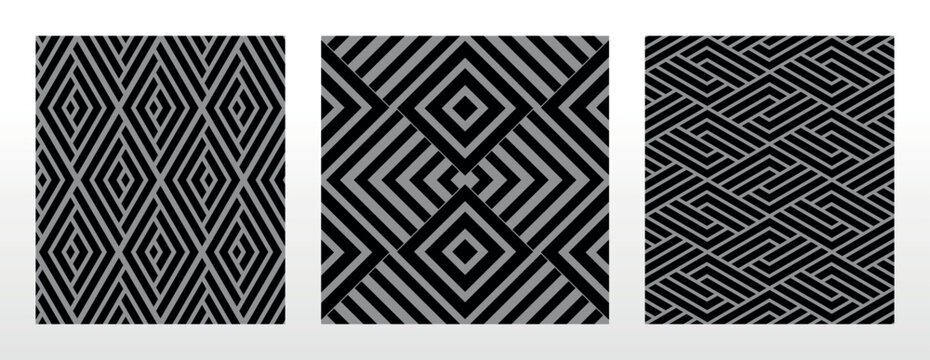 Geometric set of seamless black and gray patterns. Simple vector graphics