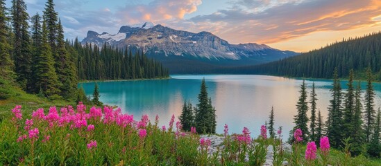 Serene mountain lake at sunset, surrounded by pine trees and pink wildflowers