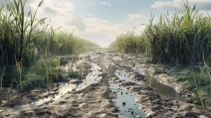 A serene view of a marshy section of Dakar Rally track, showcasing muddy ground surrounded by tall grass under a cloudy sky. Ideal for adventure themes.