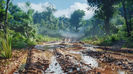 A muddy rally track meanders through a dense forested area, featuring puddles and lush greenery, ideal for off-road adventures and nature exploration.