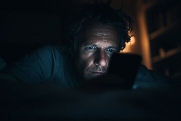 Fototapeta premium Middle-aged man looking at phone in dark room, Face lit by screen glow while lying down, Concept for late-night internet use or sleeplessness