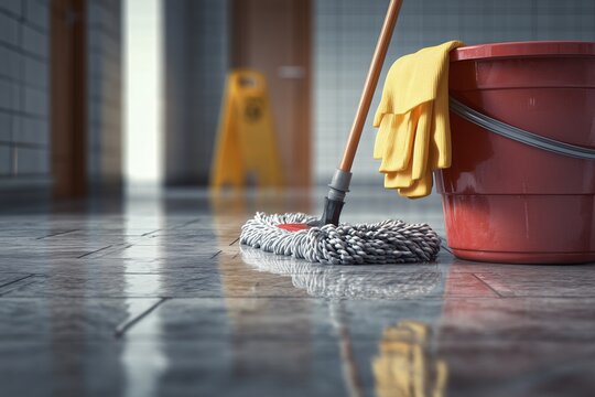 Mop and red bucket on wet tile floor, Cleaning supplies in hallway with sign, Sanitation equipment concept for janitorial themes