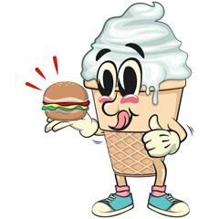 cute ice cream cone mascot cartoon vector character with waffle cone and vanilla topping carrying a burger while giving a thumbs up, work of hand drawn