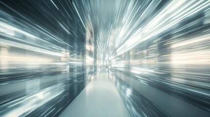 Abstract Light Trails Representing Speed and Motion in a Futuristic Environment with Glass Structures