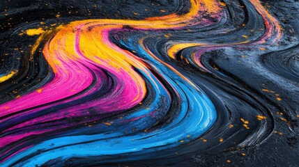 Vibrant Abstract Swirls of Colorful Paint on Deep Black Surface for Artistic Background and Design Use