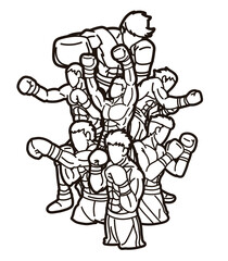 Boxing Sport Group of Boxer Ultimate Fighter Mix Action Muay Thai Cartoon Outline Graphic Vector