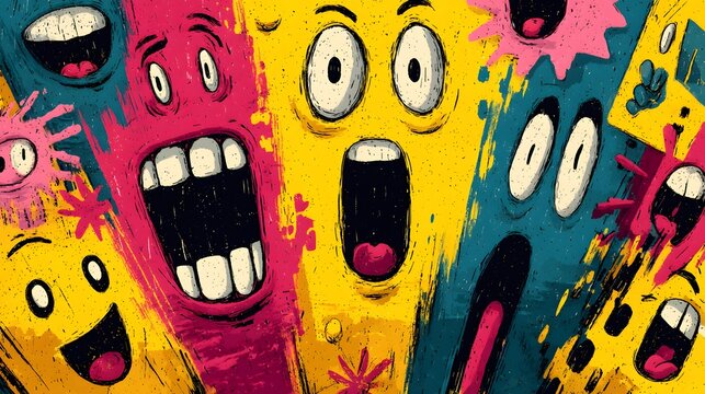 Expressive emotional cartoon faces artwork with a unique and vibrant style